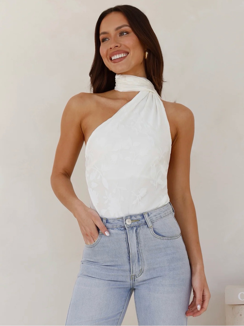 Velvet Floral One-Shoulder Halter Bodysuit - White